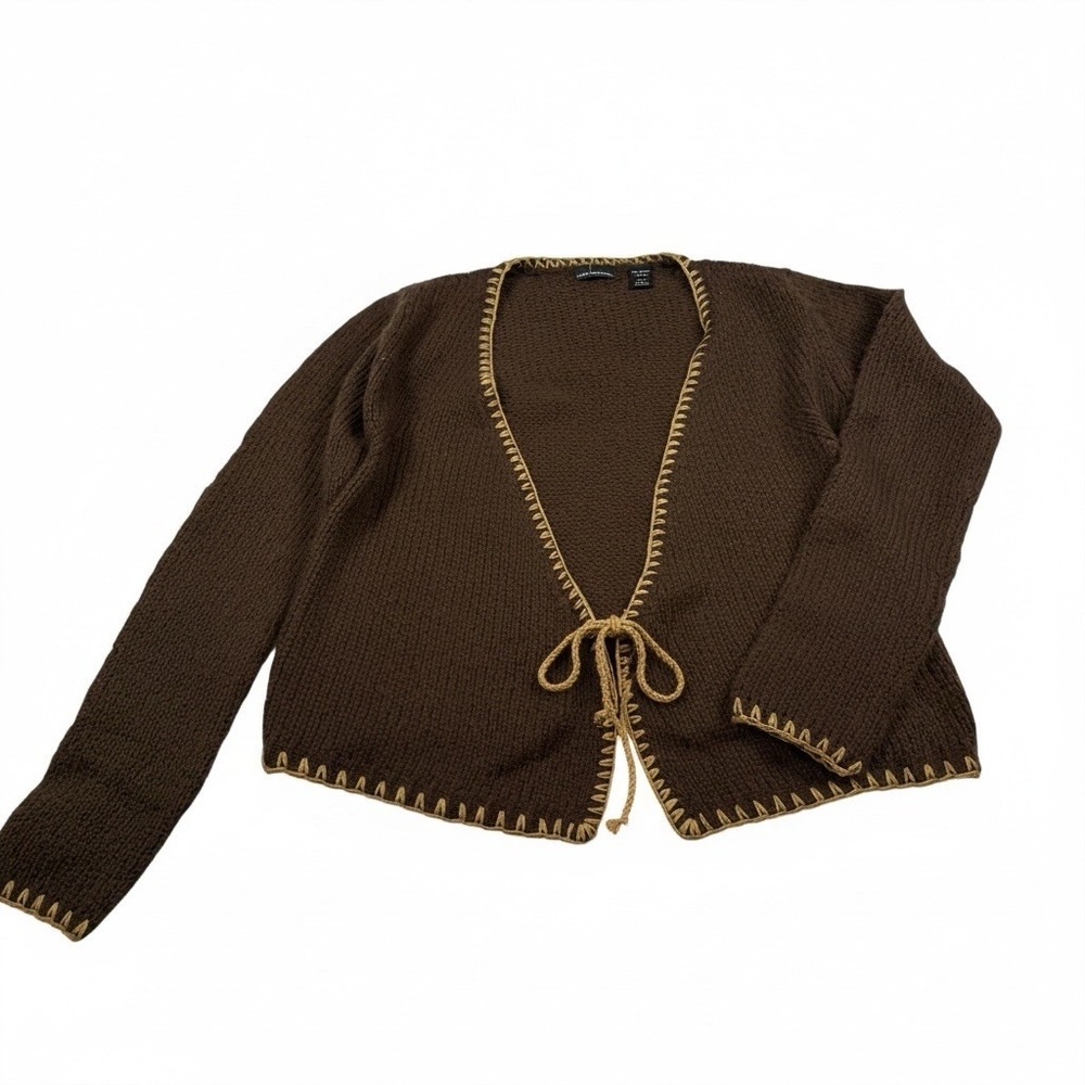 VTG Moda International Brown Tan Open Cardigan Whipstitch‎ Trim Wool Small